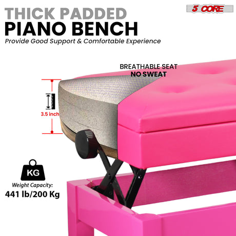 5 Core Duet Piano Bench 3.5 Inch Padded Cushioned Stool Wooden Heavy Duty Musician Chair w Storage