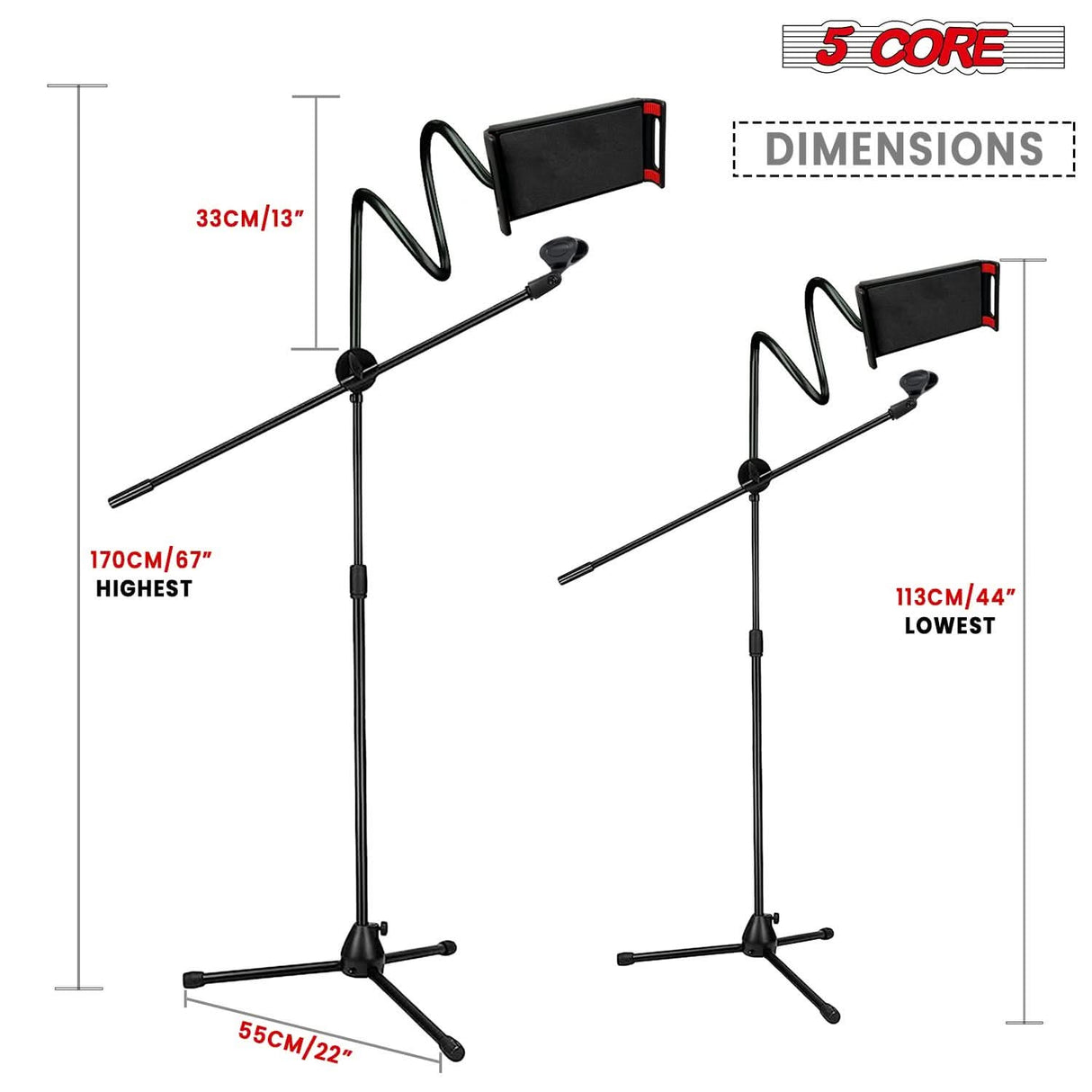5 Core Tripod Mic Stand w Phone Holder Height Adjustable Microphone Mount Stands