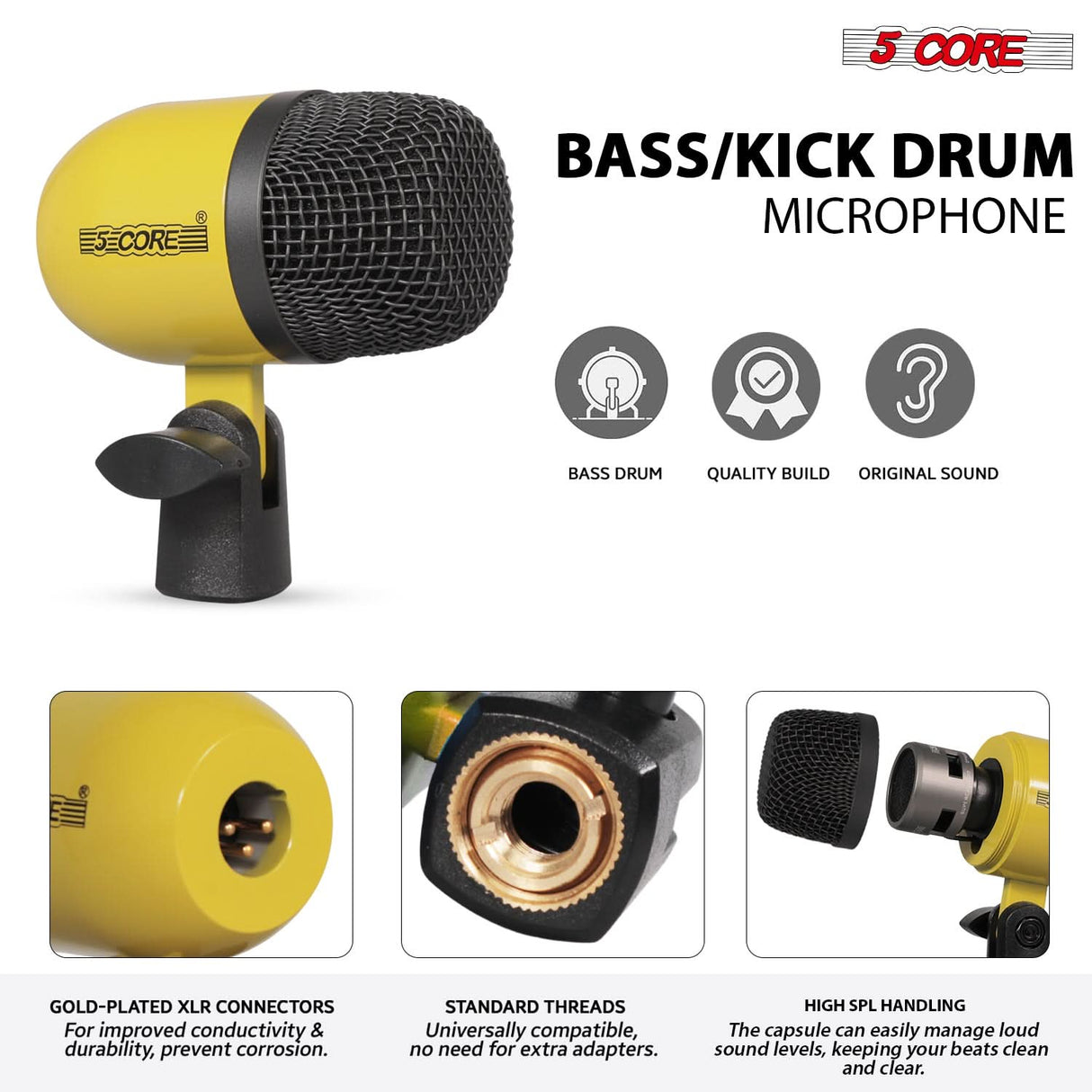 5 Core Drum Microphone Kit 7 Piece All Metal Drummer Instrument Mics Tom/Snare & Cymbals Set