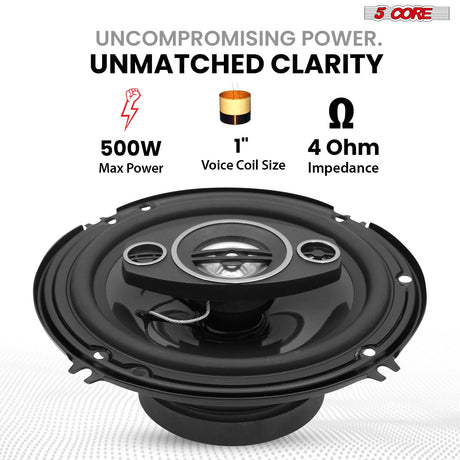5Core Coaxial Car Door Speakers 6” 4Pcs 500W 4Ohm 2 Way Component Subwoofer Audio w Super Tweeter