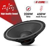 5 Core 15 Inch Subwoofer 450 Watt Car Audio Sub Woofer Pair 4 Ohm w Deep Bass Replacement Loud Speaker