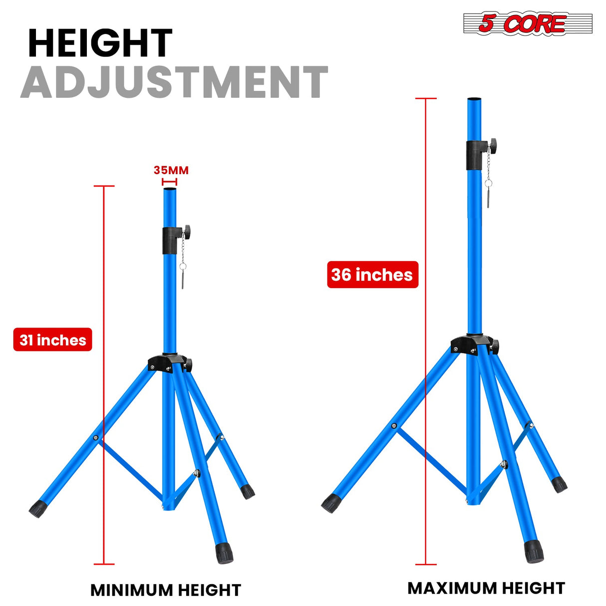 5 Core Speaker Stand Adjustable 31 to 36" PA DJ Tripod Stands Heavy Duty w 35mm Insert 132 Lbs
