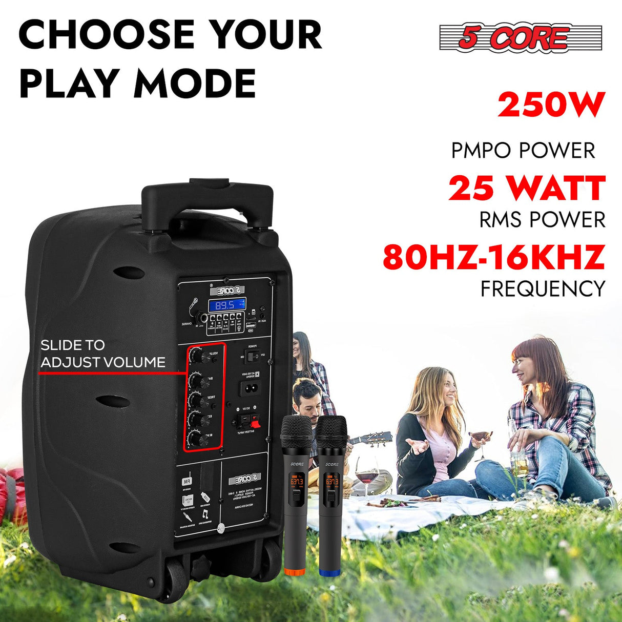 5Core 8 inch PA Portable Bluetooth Party Speaker Karaoke Boombox + 2 Wireless Mics 2 Pieces