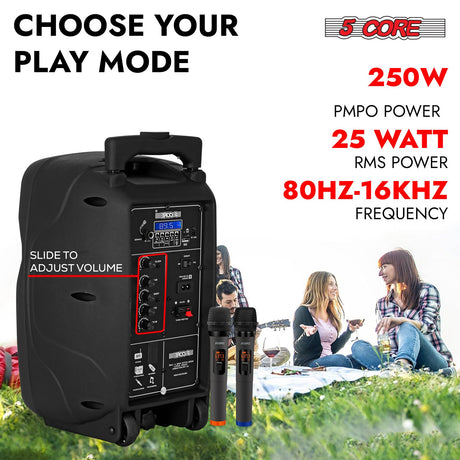 5Core 8 inch PA Portable Bluetooth Party Speaker Karaoke Boombox + 2 Wireless Mics 2 Pieces