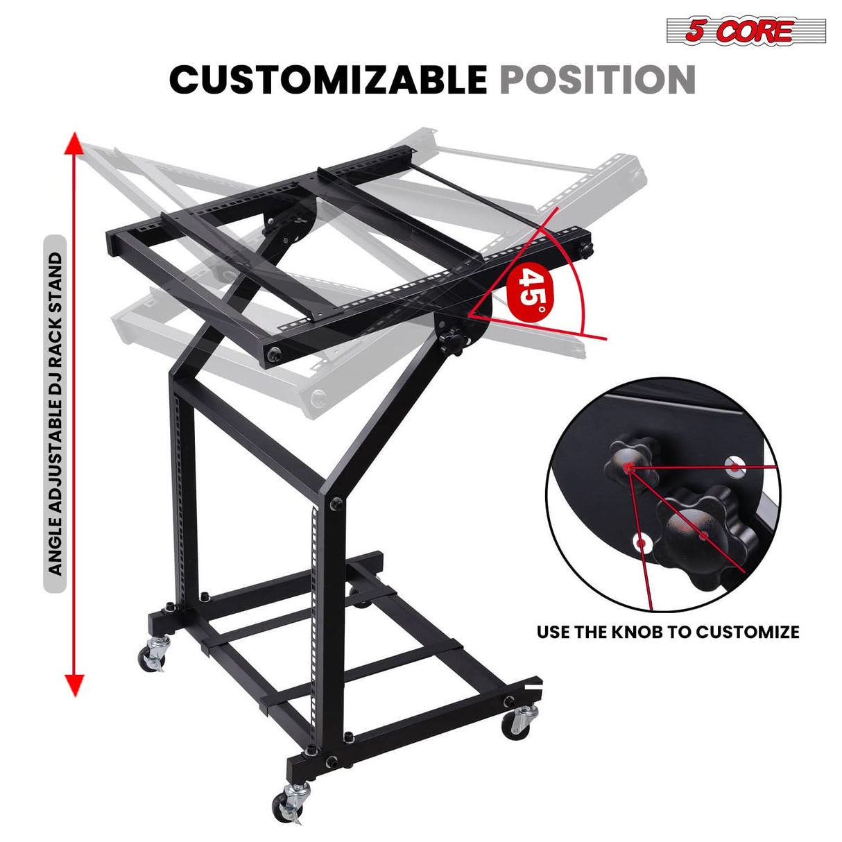 5Core DJ Mixer Stand 12U Adjustable Rack Mount Rolling Stage Cart Pro Audio Studio Equipment w Wheel