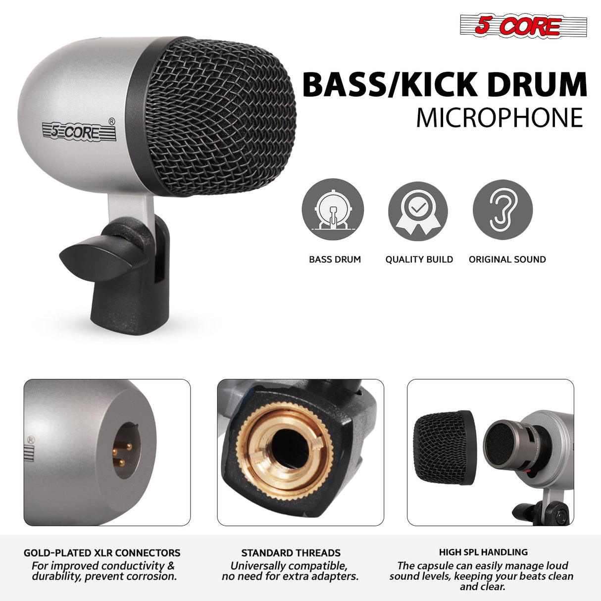 5 Core Drum Microphone Kit 7Pc All Metal Drummer Mics Tom/Snare & Cymbals Wired Instrument Drums Set