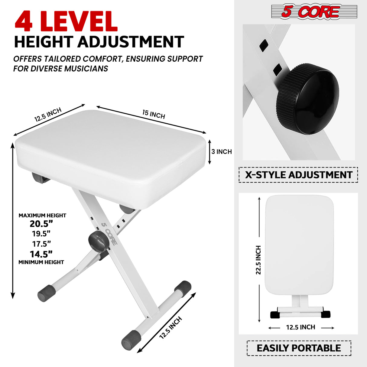 5 Core Keyboard Bench 3 Inch Padded Piano Stool Adjustable 20.5" Guitar Seat Heavy Duty Portable