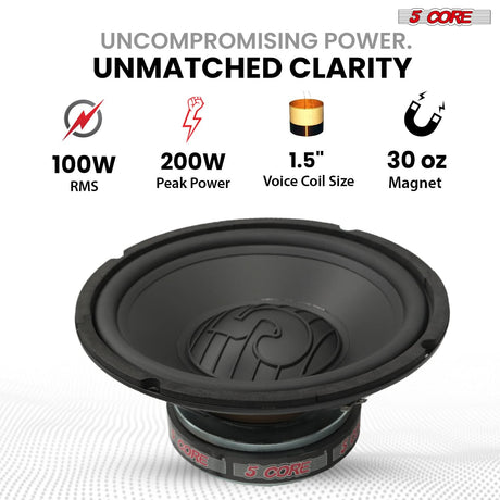 5 Core 8 Inch Subwoofer Pair 200W Car Audio Woofer 4 Ohm Replacement Deep Bass Loud Speaker