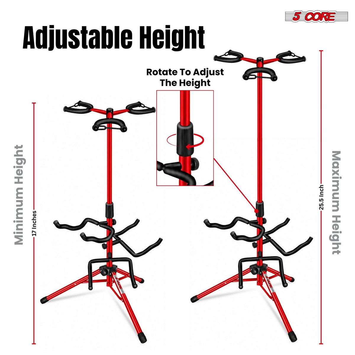 5CORE Triple Guitar Stand Floor Adjustbale for Acoustic/ Electric/ Bass/ Banjo