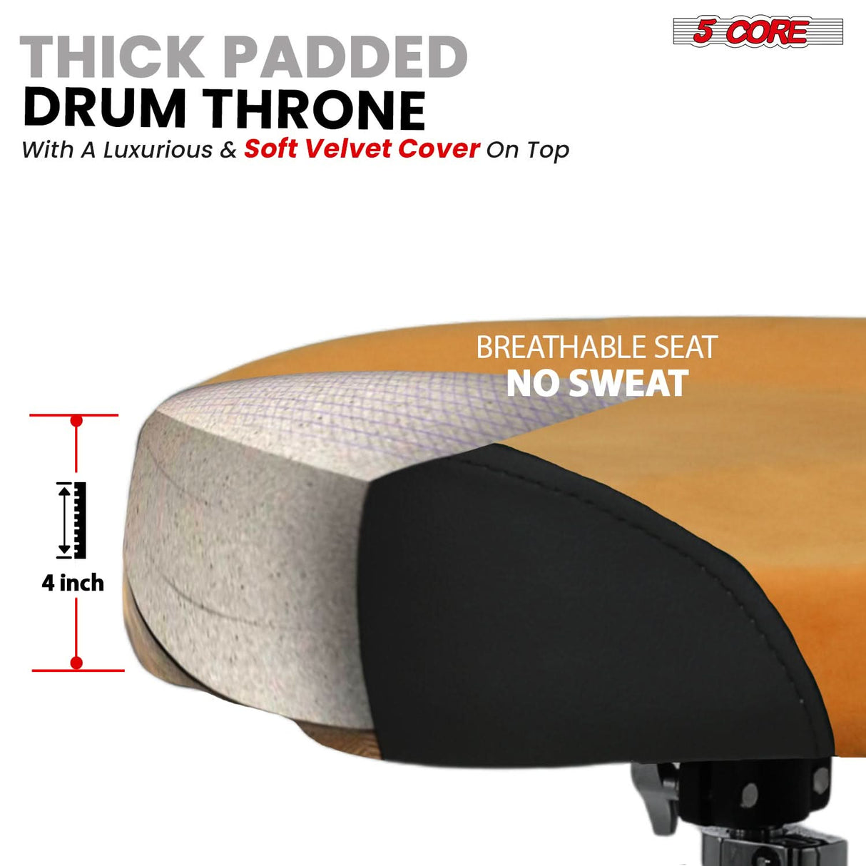 5 Core Drum Throne w Backrest 4" Padded Adjustable 26.5" Drummer Stool w Velvet Top 441Lb Capacity
