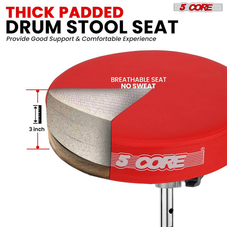 5 Core Drum Throne 3" Padded Drum Seat Height Adjustable Drumming Chair for Practice and Performance