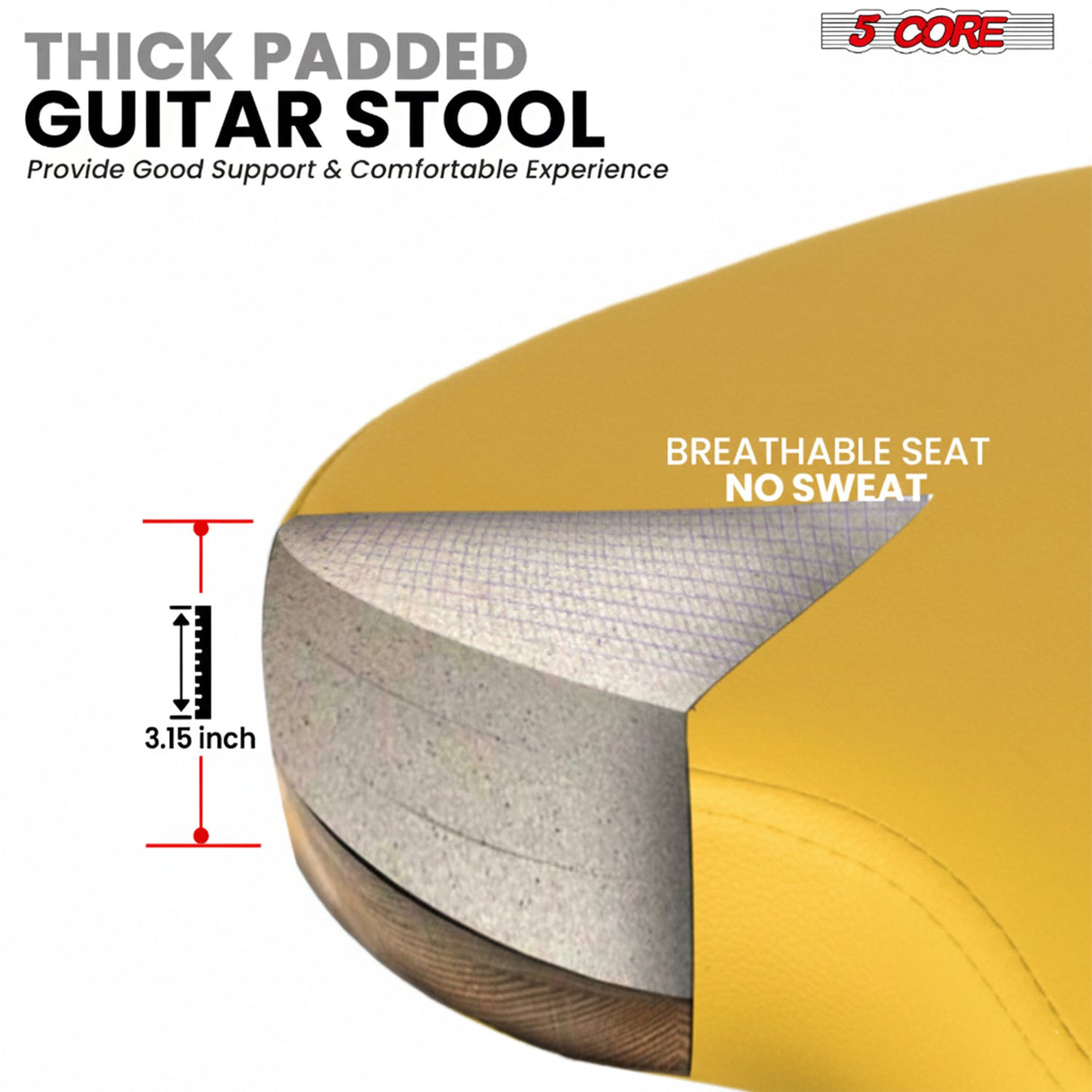5 Core Guitar Stool w Backrest 3.15" Padded Chair Foldable Music Seat Built in Foot Rest Guitar Stand