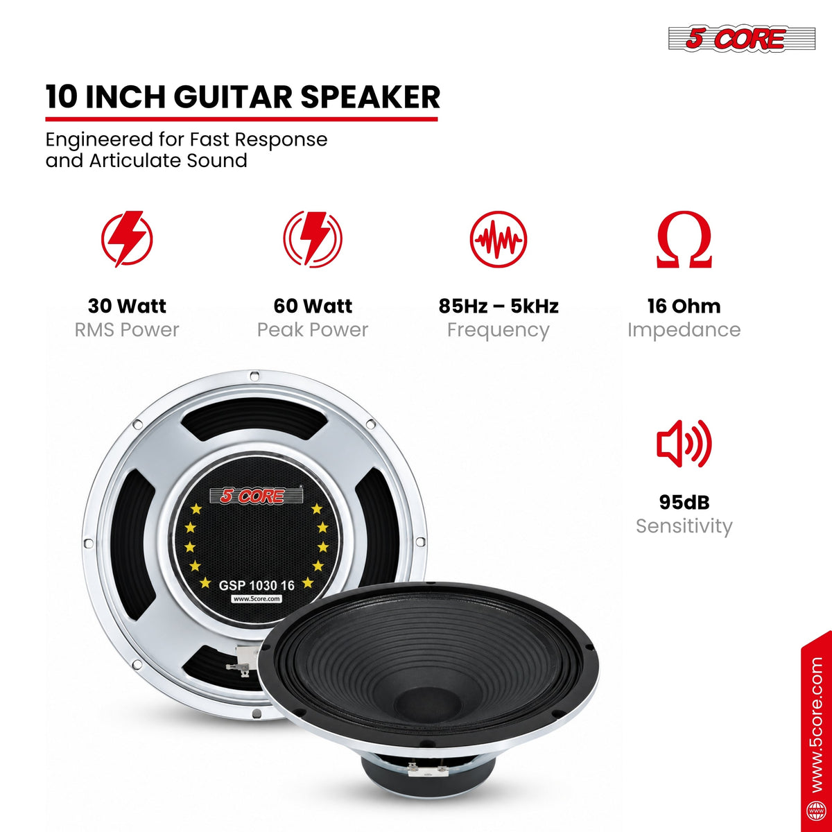 5 Core 10 Inch Guitar Speaker 60W Replacement 16 Ohm Amplifier Cabinet Driver
