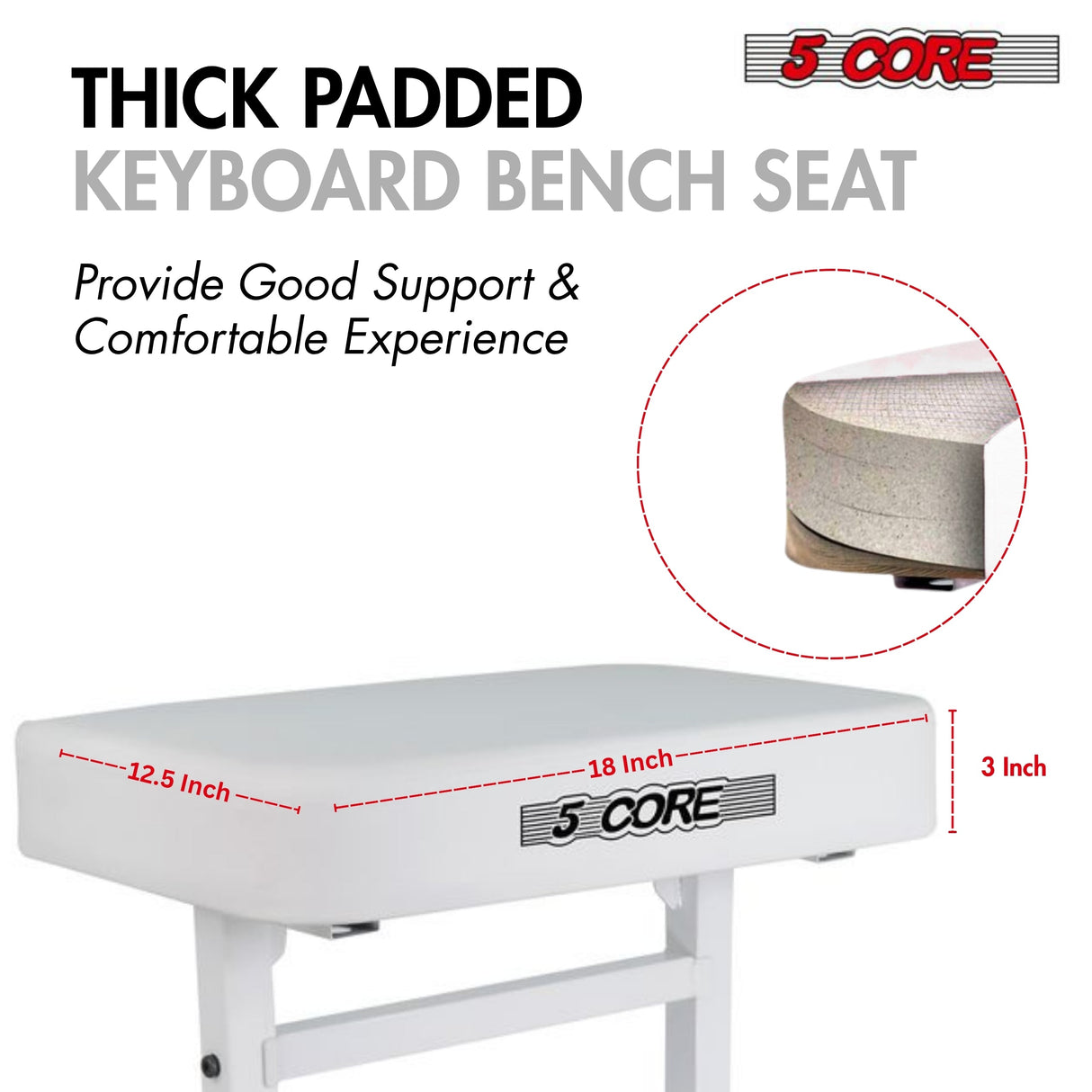 5 Core Keyboard Bench 3" Padded Cushioned Piano Stool Height Adjustable Guitar Seat Folding Portable