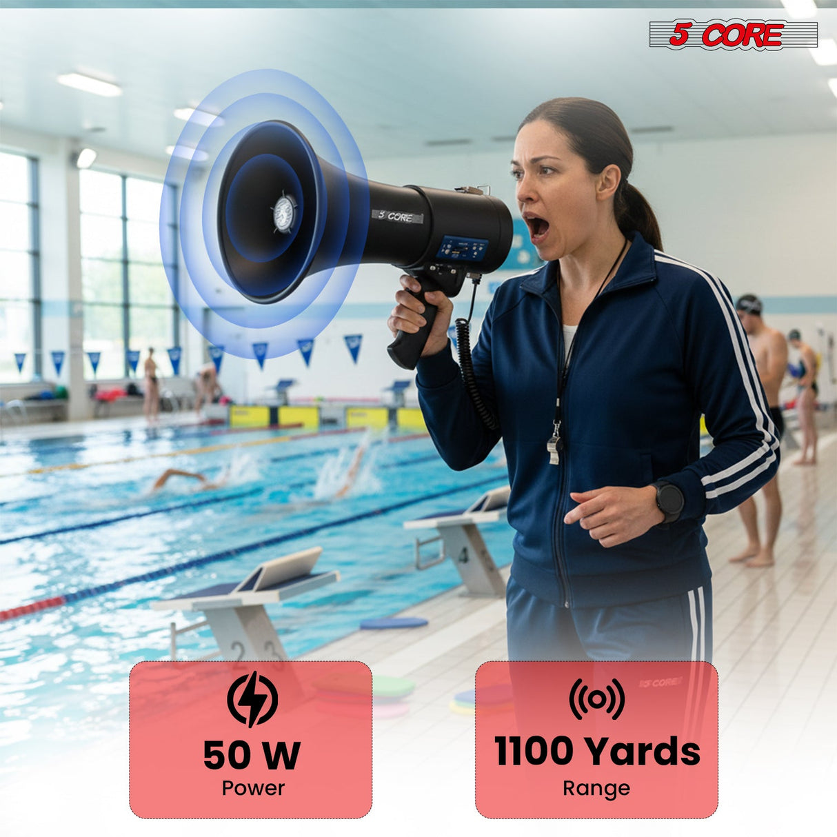 5 Core Megaphone 50W Bluetooth Rechargeable Bullhorn 1100 Yards Loud Siren for Soccer Baseball Coach