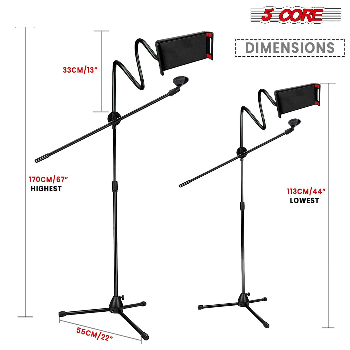 5 Core Tripod Mic Stand w Phone Holder Height Adjustable Microphone Mount Stands