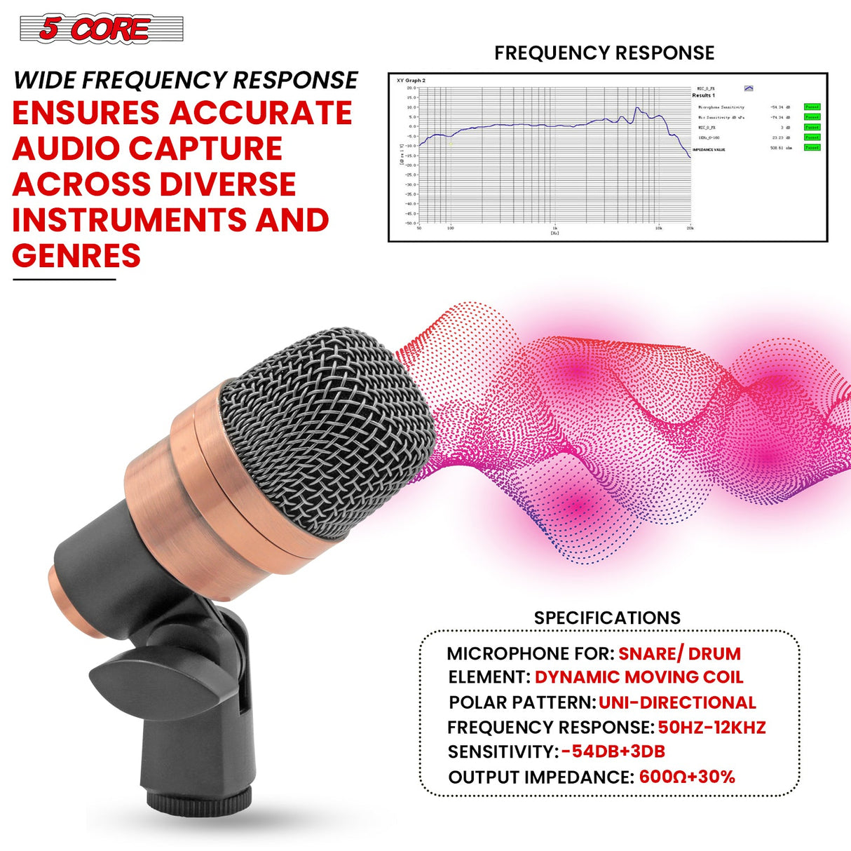 5 Core Snare Microphone XLR Wired Uni Directional Tom Drum and Other Musical Instrument Mic COPPER