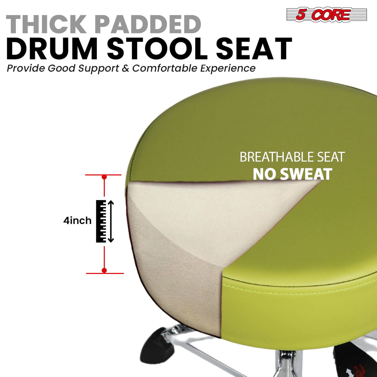 5 Core Drum Throne w Backrest 4" Padded Stool Airlift Adjustable 25.5" Drummer Chair 441Lb Capacity