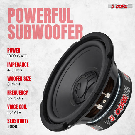 5 CORE 8 Inch Car Audio Subwoofer 1000W 4Ohm Shallow Mount Woofer Speaker