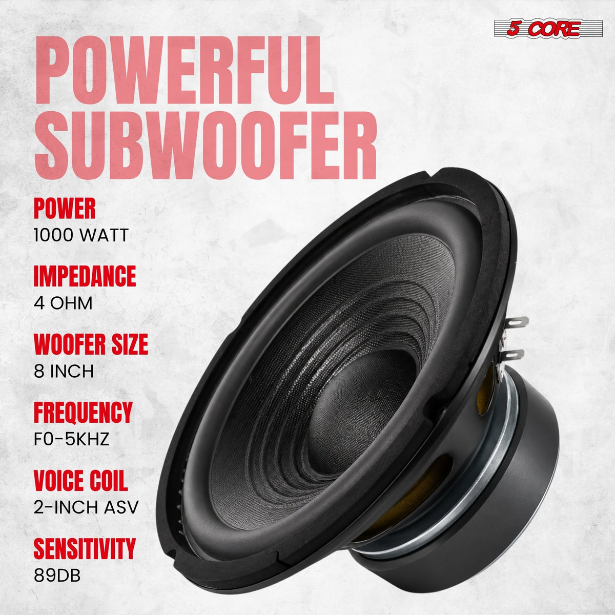 5 Core 8 Inch Car Woofer Audio 1000W 4Ohm Deep Bass Sub Woofer Loud Speaker