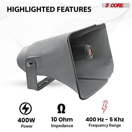5 Core 16 Inch PA Horn 400W Loud Speaker Bull Horn Loud Audio 10Ohm All Weather Indoor Outdoor Use