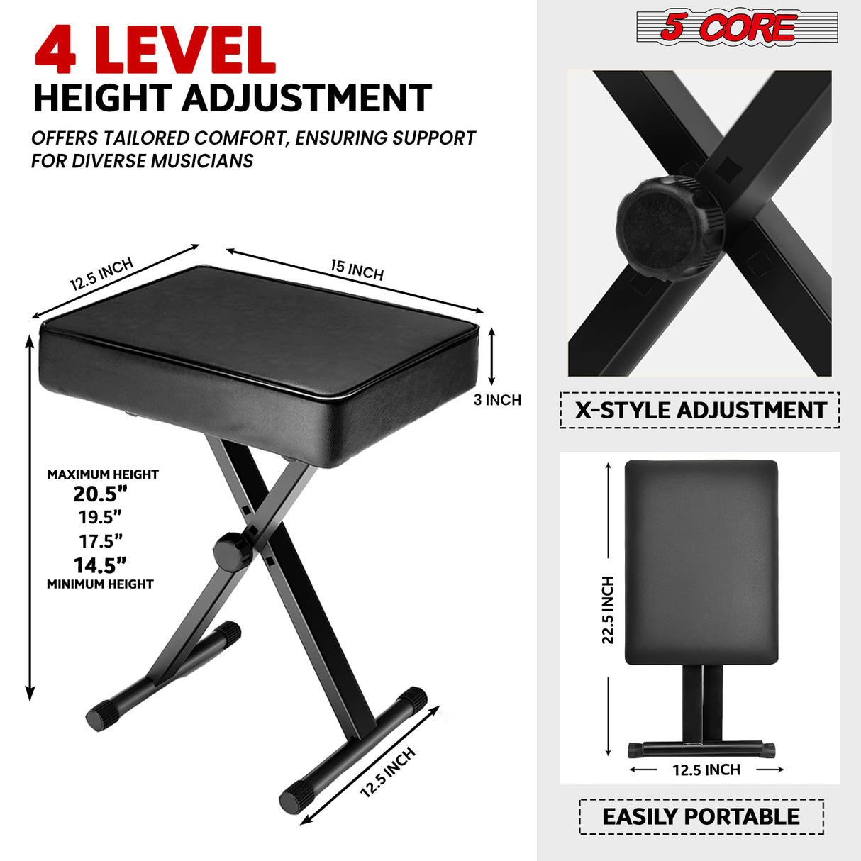 5 Core Keyboard Bench 3 Inch Padded Piano Stool Adjustable 20.5" Guitar Seat Heavy Duty Portable