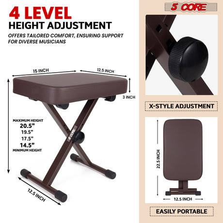 5 Core Keyboard Bench 3 Inch Padded Piano Stool Adjustable 20.5" Guitar Seat Heavy Duty Portable