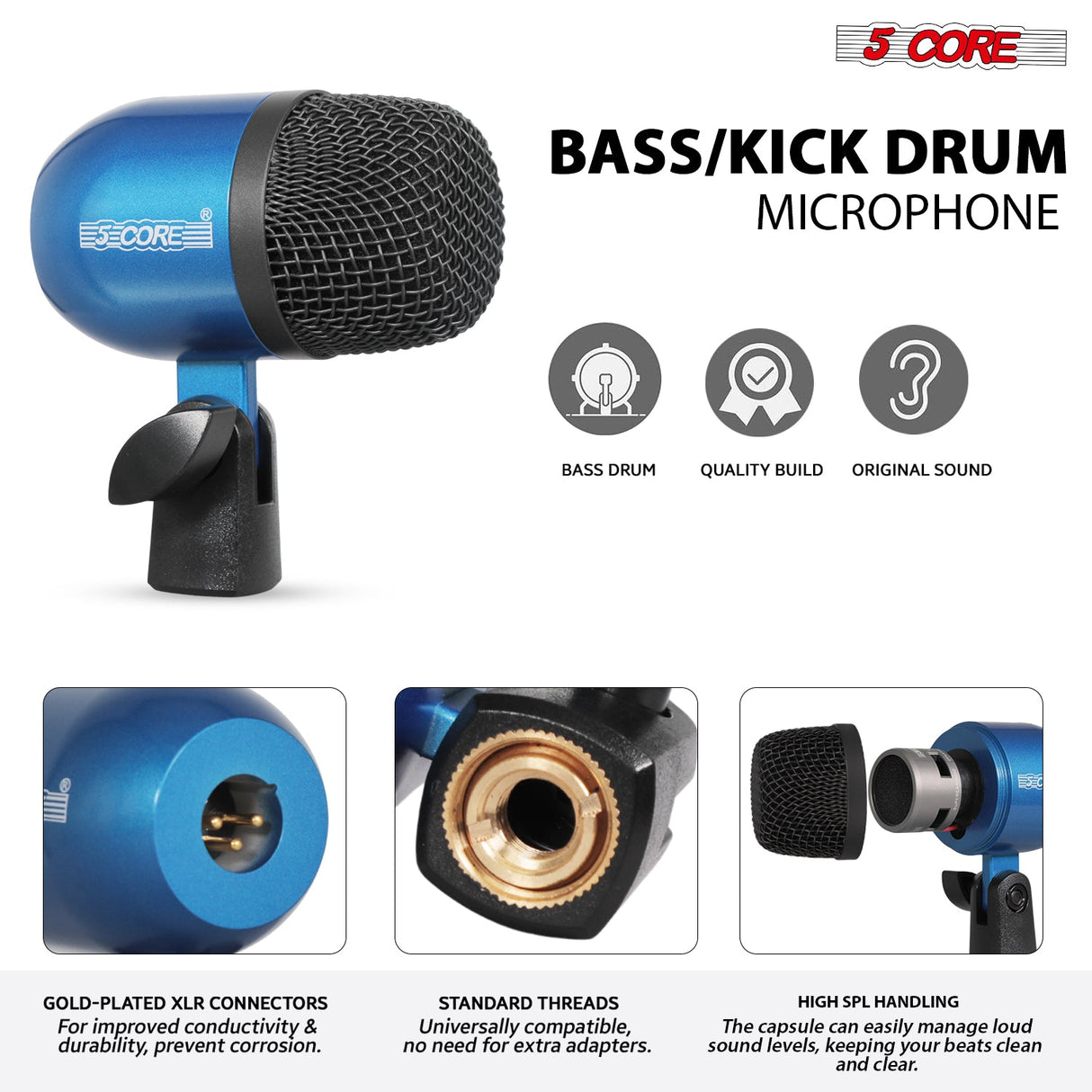 5 Core Drum Microphone Kit 7Pc All Metal Drummer Mics Tom/Snare & Cymbals Wired Instrument Drums Set