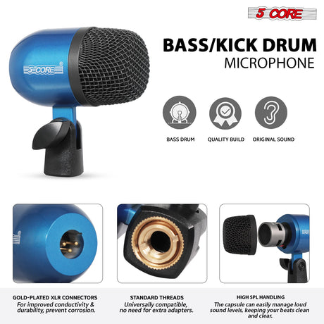 5 Core Drum Microphone Kit 7Pc All Metal Drummer Mics Tom/Snare & Cymbals Wired Instrument Drums Set