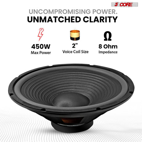 5 Core 15" Subwoofer Speaker 450W MAX PA DJ Replacement Audio Sub Woofer 8Ohm Bass Driver