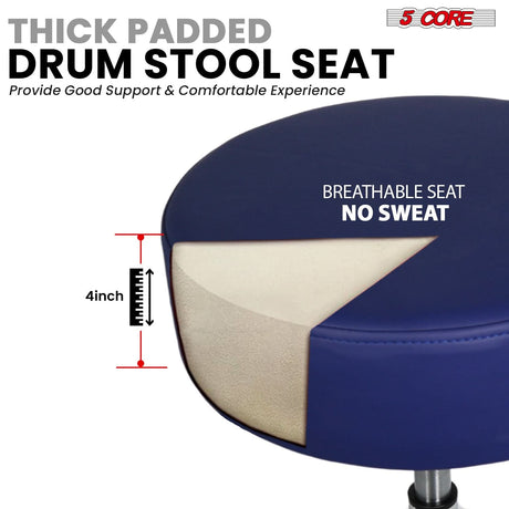 5 Core Drum Throne w Backrest 4" Padded Stool Airlift Adjustable 25.5" Drummer Chair 441Lb Capacity