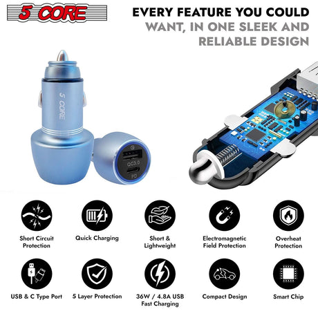 5 Core USB Car Charger Cigarette Lighter Adapter 1 USB 1 Type C Port QC 3.0 36W Fast Charging