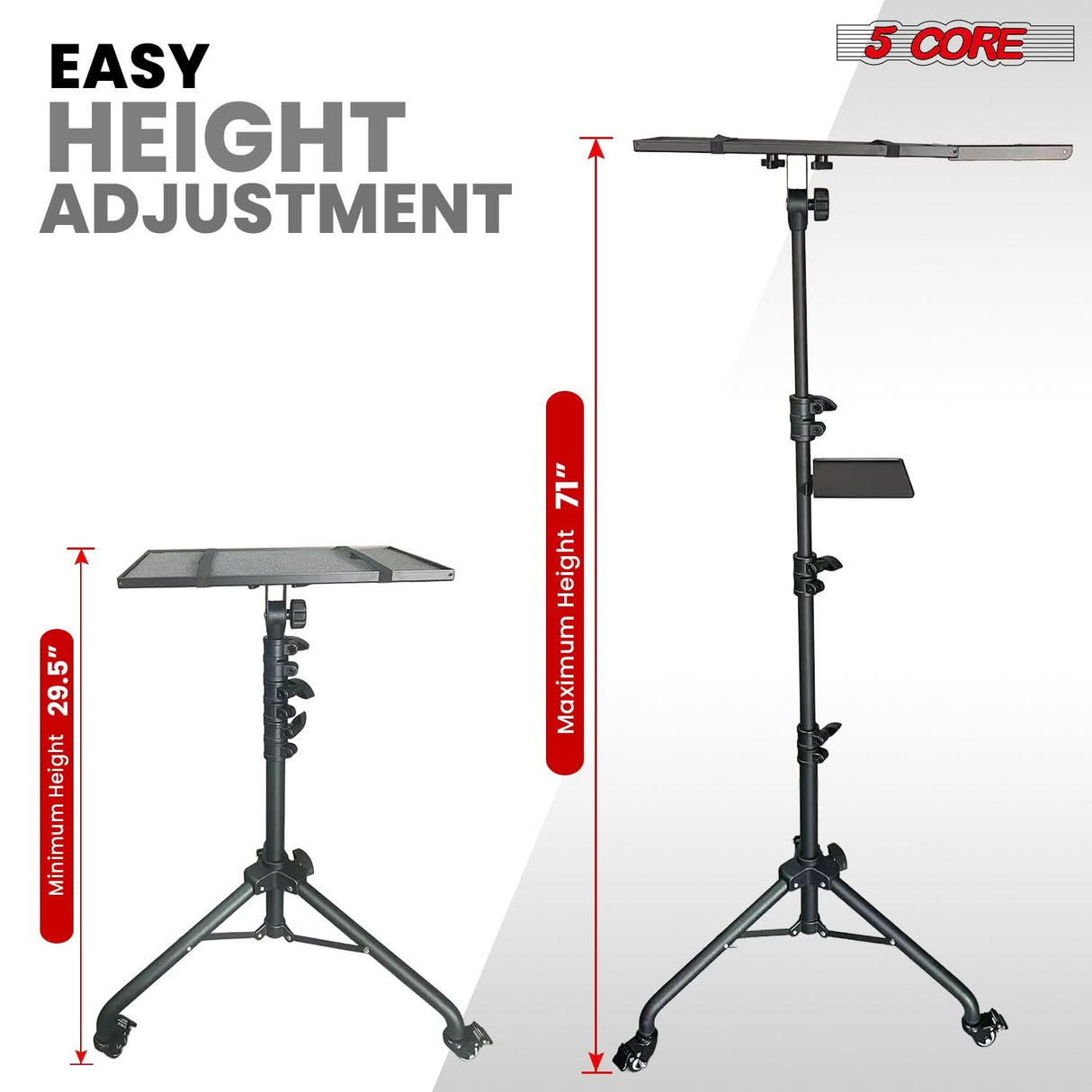 Projector Stand 29.5 to 71 Inch Adjustable Tripod 2 Shelves Portable Laptop Cart w Phone Holder