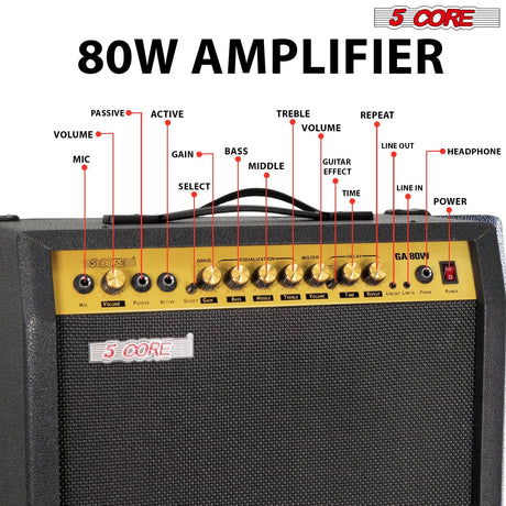 5 Core Guitar Amplifier 80 Watt  Electric Amp w Built in 10" Speaker Portable Mini Practice Amps