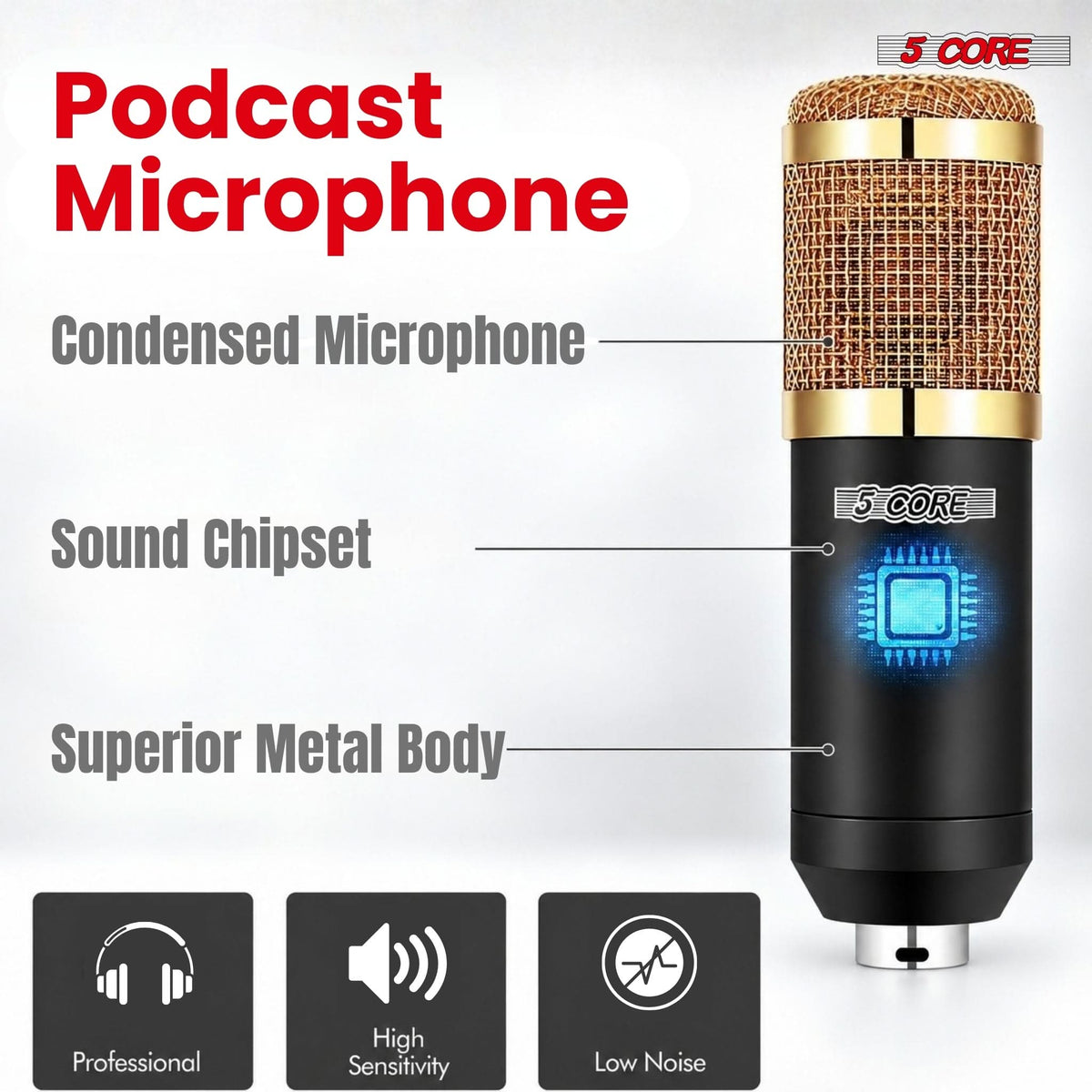5 Core Podcast Equipment Bundle w Condenser Mic Voice Changer Audio Mixer Pair