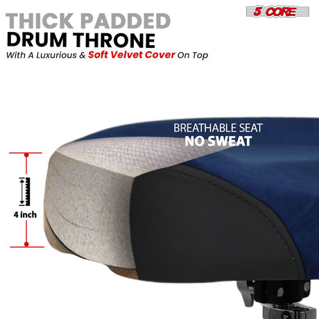 5 Core Drum Throne w Backrest 4" Padded Adjustable 26.5" Drummer Stool w Velvet Top 441Lb Capacity