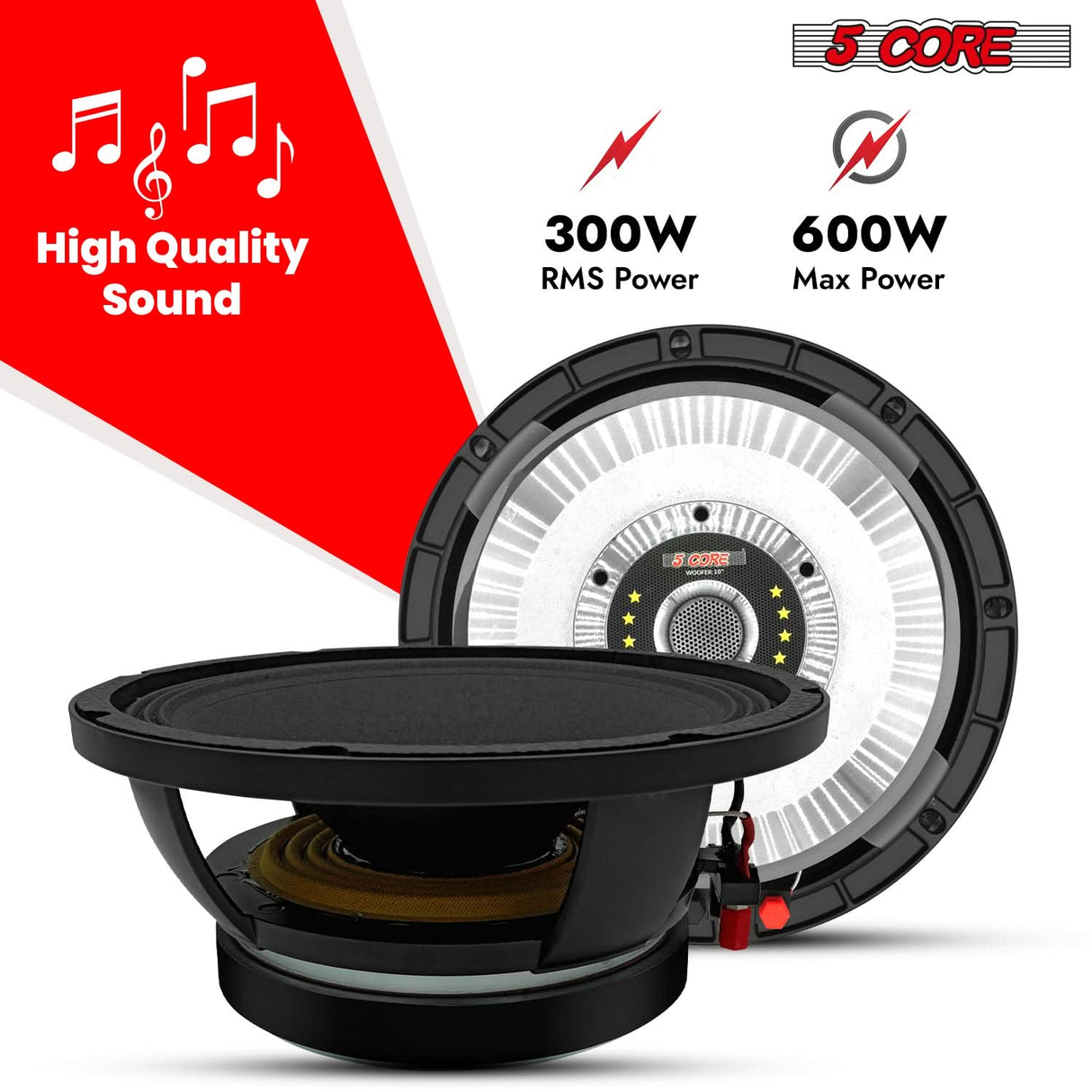 5 Core 10" Subwoofer Speaker 300W RMS Full Range Car Audio Sub Woofer 4 Ohm Bass Replacement Driver