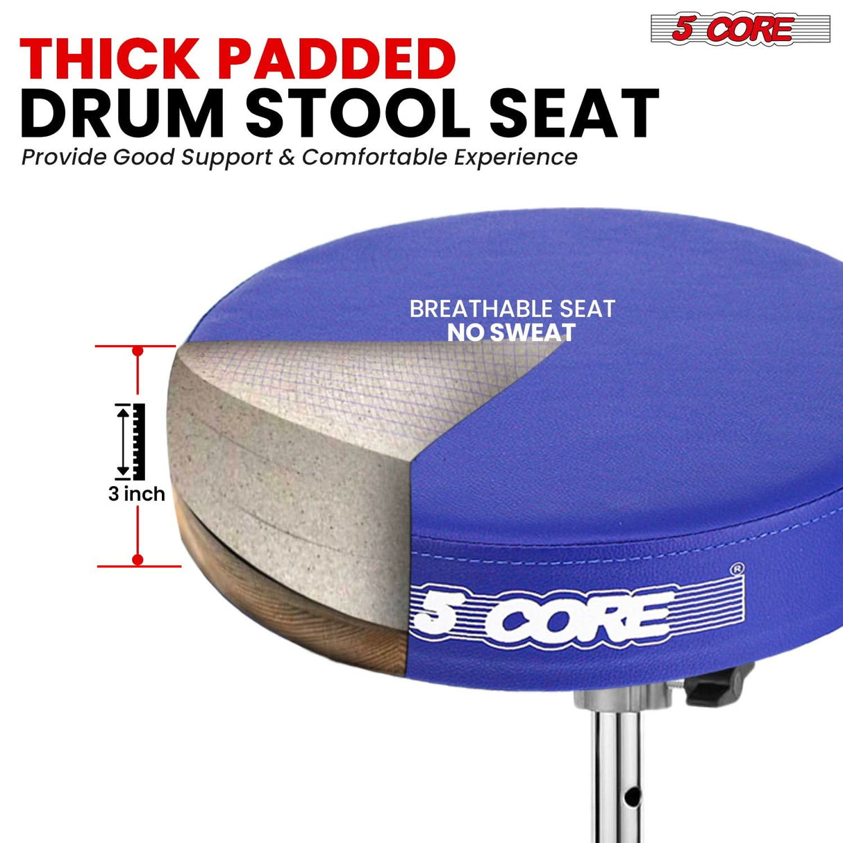 5 Core Drum Throne 3" Padded Drum Seat Height Adjustable Drumming Chair for Practice and Performance
