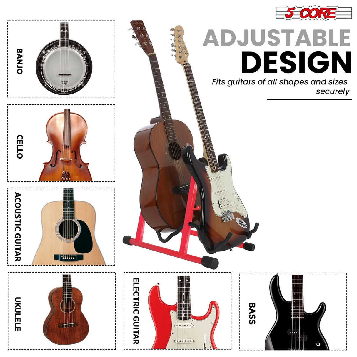 5 Core Double Guitar Stand A Frame Shape w Foam Arms Supports Acoustic Electric Bass Ukulele Banjo