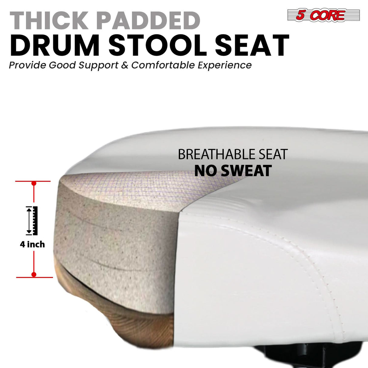 5 Core Drum Throne w Backrest 4" Padded Stool Adjustable 24.5" Drummer Chair w 441Lb Capacity