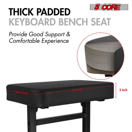 5 Core Keyboard Bench 3" Padded Cushioned Piano Stool Height Adjustable Guitar Seat Folding Portable
