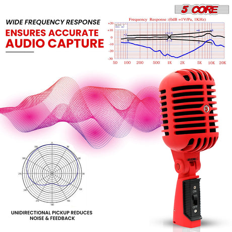 5Core Vintage Microphone Classic Dynamic Professional XLR Studio Retro Style Mic RED