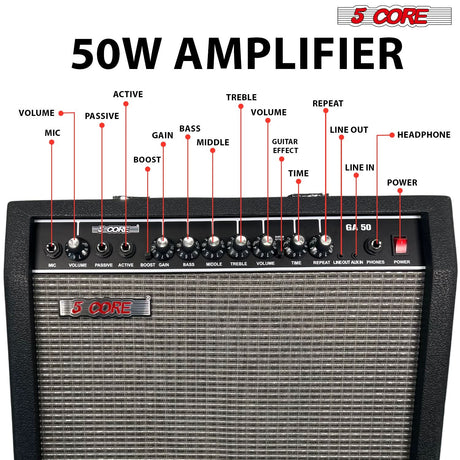 5 Core Guitar Amp 50 Watt  Electric Amplifier w Built in 8" Speaker Portable Mini Amps w Aux