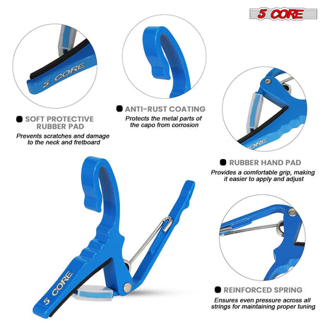 5 Core Guitar Capo Pair Quick Change Acoustic Electric String Clip Banjo Mandolin Or Ukulele Blue