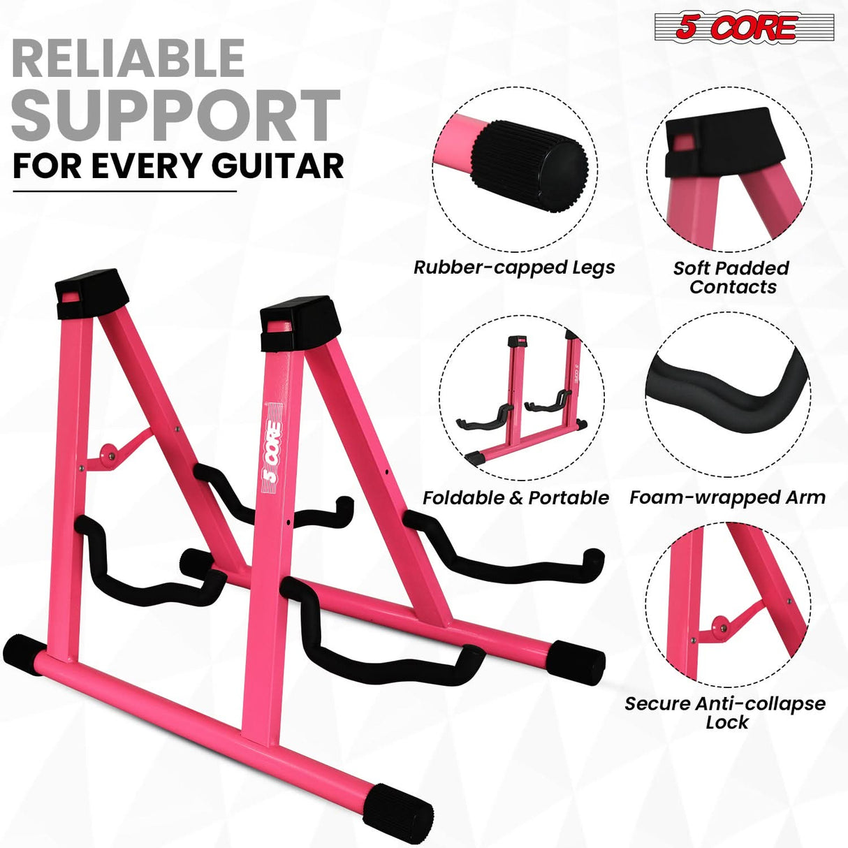 5 Core Double Guitar Stand A Frame Shape w Foam Arms Supports Acoustic Electric Bass Ukulele Banjo