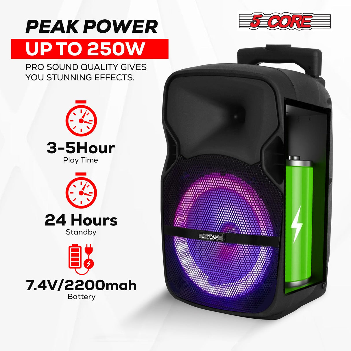 5Core 8 inch PA Portable Bluetooth Party Speaker Karaoke Boombox + 2 Wireless Mics 2 Pieces