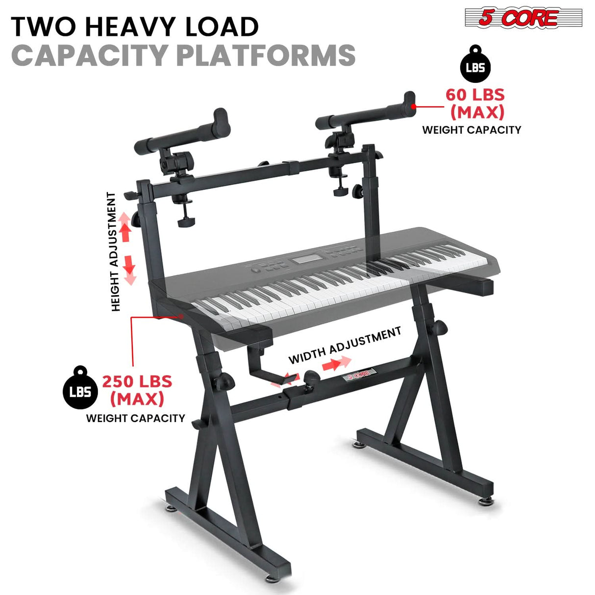 5Core Piano Keyboard Stand Z Style Heavy Duty 2 Tier Stands w Adjustable Arm Fits 54 61 88 Key Board