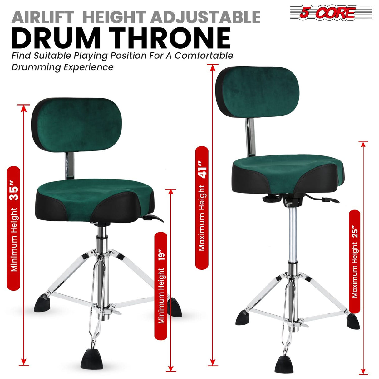 5 Core Drum Throne 4" Padded Seat w Backrest Airlift Adjustable Chair Ergonomic Drummer Stool