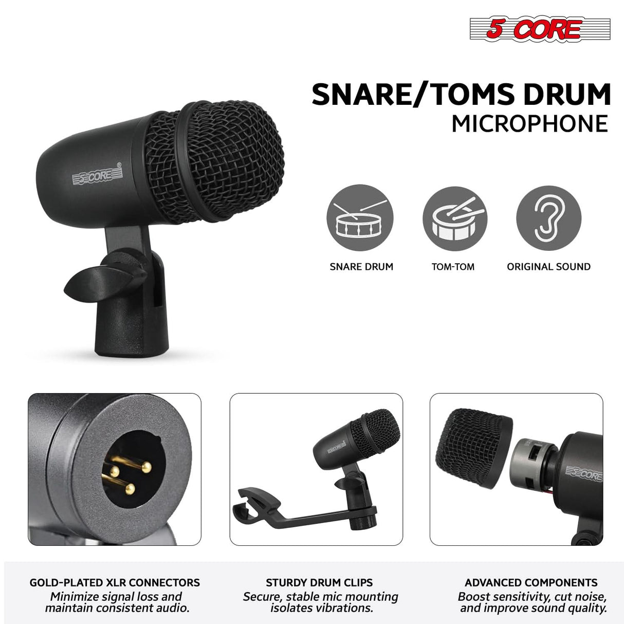 5 Core Drum Microphone Kit 7 Piece All Metal Drummer Instrument Mics Tom/Snare & Cymbals Set