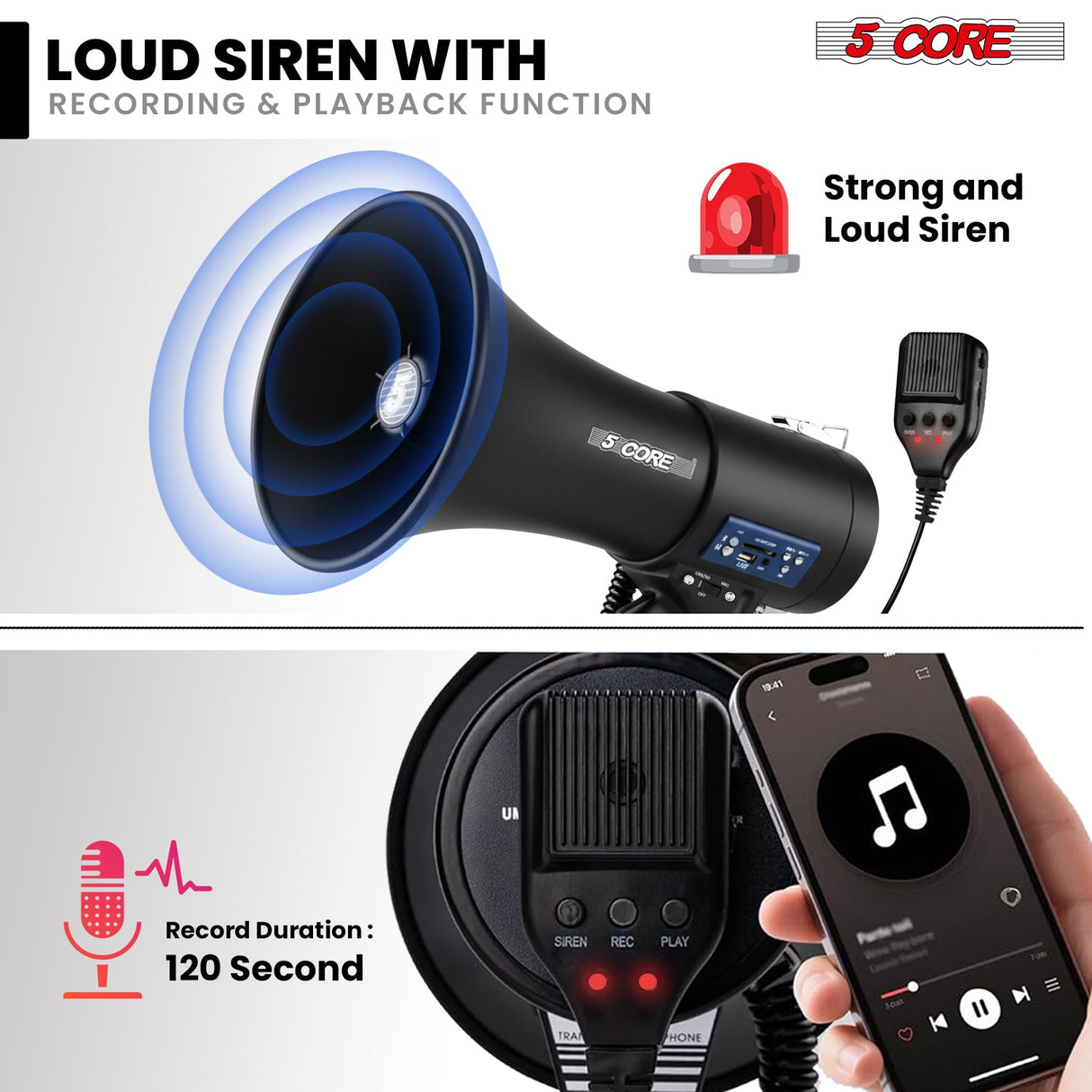 5 Core Megaphone 50W Bluetooth Rechargeable Bullhorn 1100 Yards Loud Siren for Soccer Baseball Coach